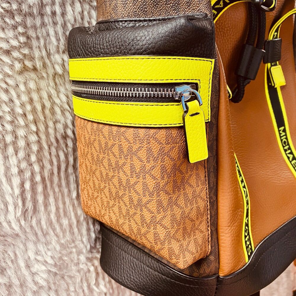 Michael Kors Cooper Two‑Tone Leather Travel Backpack Neon Trim Style 37H1LCOB2B - Picture 6 of 9